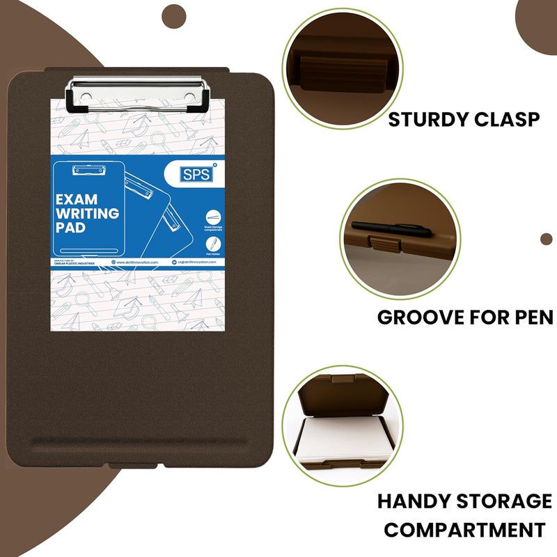 sps Exampad A4 Plastic Clipboard with Built-in Storage and Pen Holder - Ideal for School, Office, Travel - Perfect for Students and Professionals, School and Office - Brown - Image 4