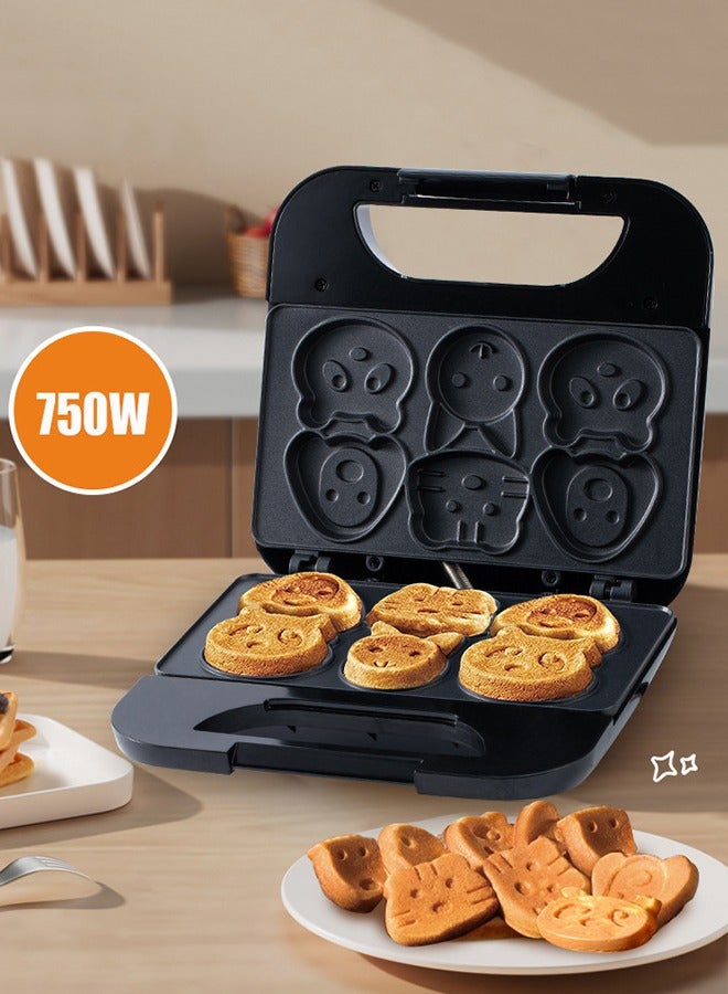 Cake Maker, Electric Animal Mini Waffle Maker, Making 6 Different Cartoon Shaped Waffles And Cakes, Double Sided Heating Non Stick Board, 750W, Suitable For Baking, Breakfast, Kitchen, Black - Image 1
