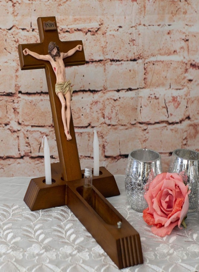 Roman - Sick Call Crucifix Set, 8.5 x 14 Resin Wall Crucifix with Candles and Mini Bottle, 4-Piece Set - Image 2
