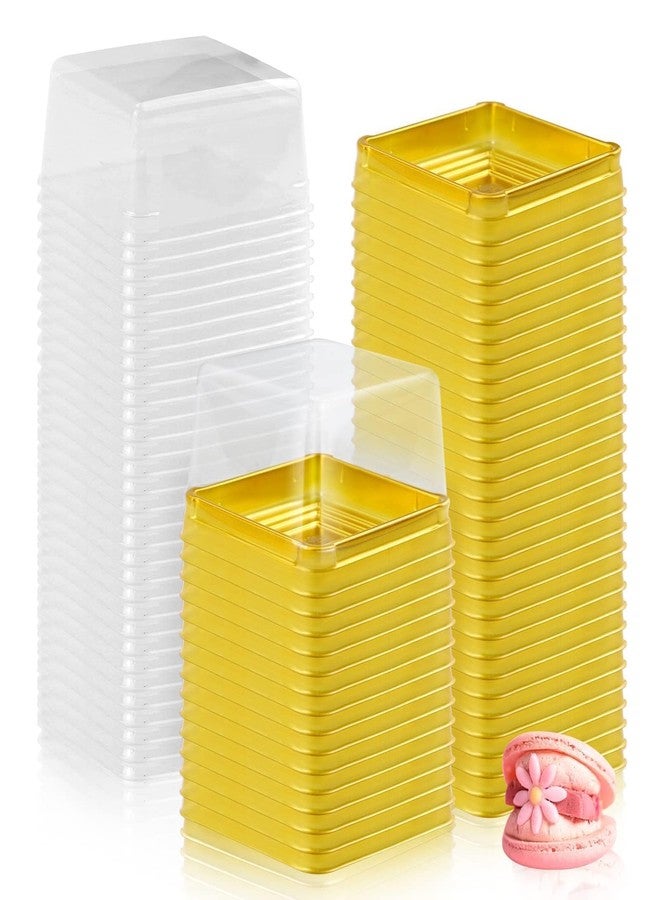 GothaBach 100 Set 3" Mini Cupcake Containers Plastic Square Containers with Lids Cupcake Boxes Muffin Pod Dome Muffin Single Individual Container Box for Wedding Birthday Gifts Supplies (Golden) - Image 1