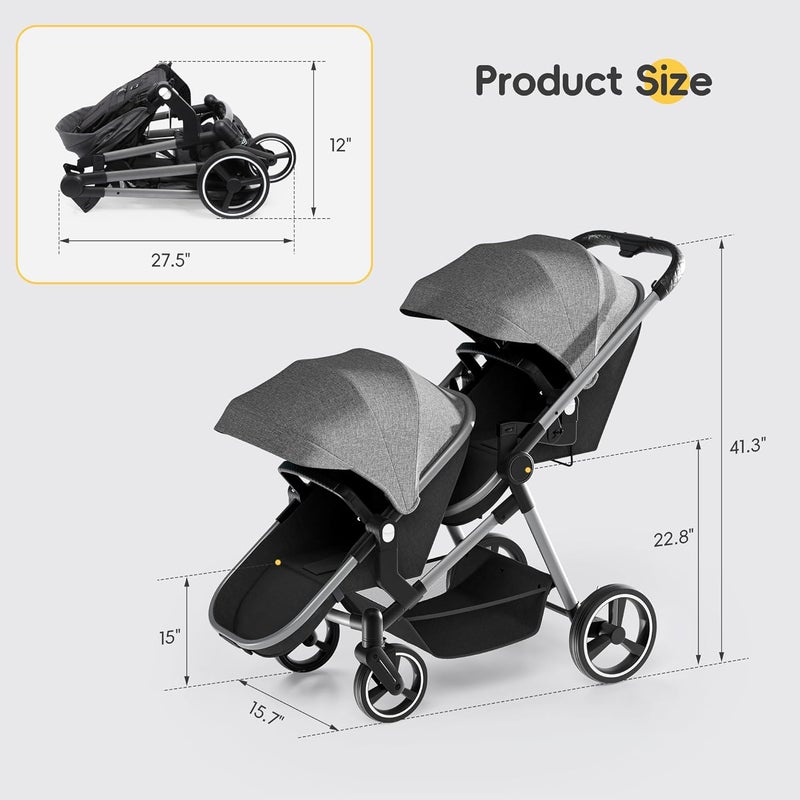 Mu عربة أطفال مزدوجة قابلة للطي مع مقعد قابل للعكس وحزام أمان 5 نقاط وسلة تخزين سرير أطفال قابل للتحويل للرضع والأطفال الصغار رمادي - Image 2