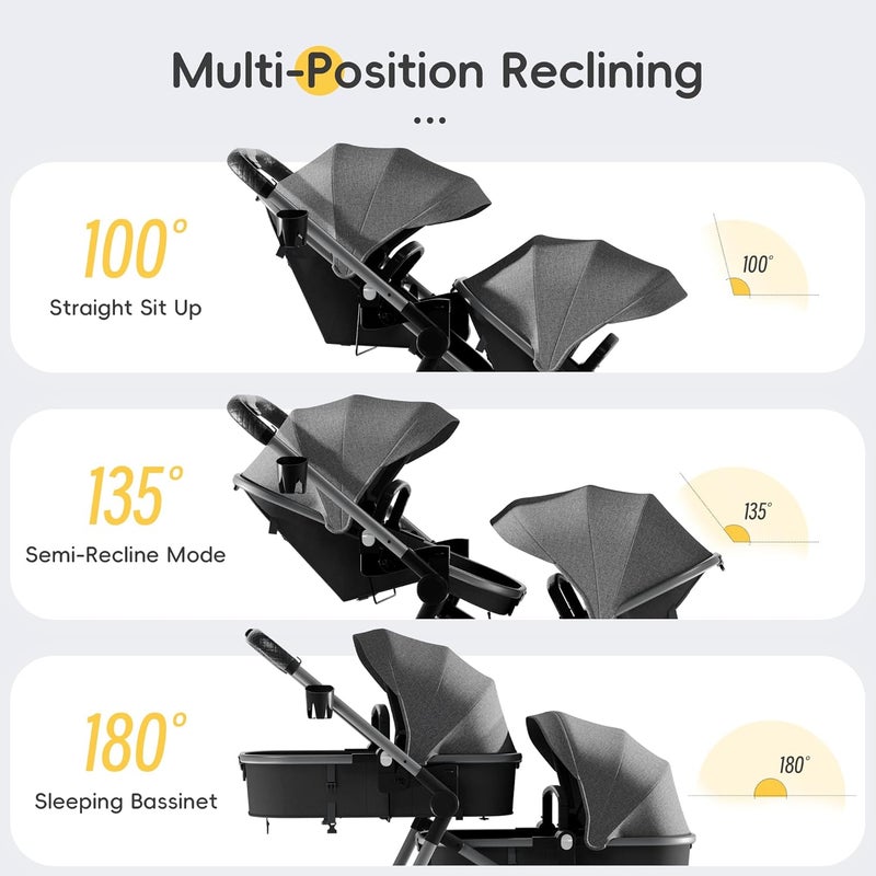 Mu عربة أطفال مزدوجة قابلة للطي مع مقعد قابل للعكس وحزام أمان 5 نقاط وسلة تخزين سرير أطفال قابل للتحويل للرضع والأطفال الصغار رمادي - Image 4