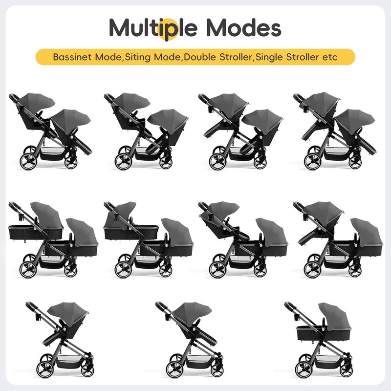 Mu عربة أطفال مزدوجة قابلة للطي مع مقعد قابل للعكس وحزام أمان 5 نقاط وسلة تخزين سرير أطفال قابل للتحويل للرضع والأطفال الصغار رمادي - Image 5