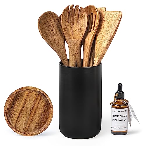 Lanzo Design Kitchen Utensil Set, 8 pcs Wooden Cooking Utensils Spatula Set with Ceramic Holder (Black Holder) - Image 2