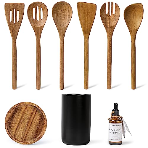 Lanzo Design Kitchen Utensil Set, 8 pcs Wooden Cooking Utensils Spatula Set with Ceramic Holder (Black Holder) - Image 1