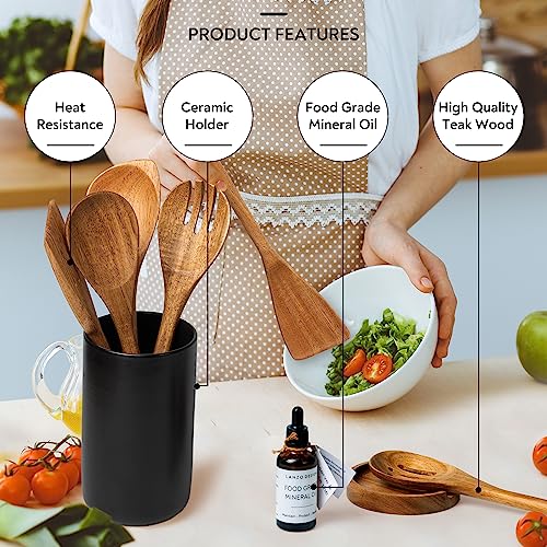 Lanzo Design Kitchen Utensil Set, 8 pcs Wooden Cooking Utensils Spatula Set with Ceramic Holder (Black Holder) - Image 4