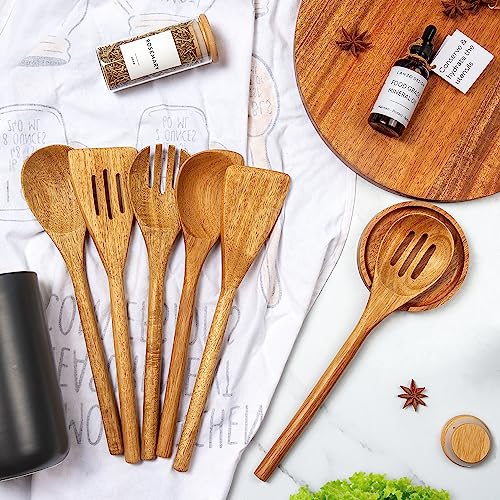 Lanzo Design Kitchen Utensil Set, 8 pcs Wooden Cooking Utensils Spatula Set with Ceramic Holder (Black Holder) - Image 5