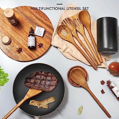 Lanzo Design Kitchen Utensil Set, 8 pcs Wooden Cooking Utensils Spatula Set with Ceramic Holder (Black Holder) - Image 3