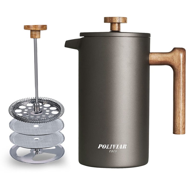 POLIVIAR 7379 POLIVIAR French Press Coffee Maker 34 Ounce Coffee Press with Real Wood Handle Double Wall Insulation  DualFilter Screen Food Grade Stainless Steel for Good Coffee and Tea Cliff 