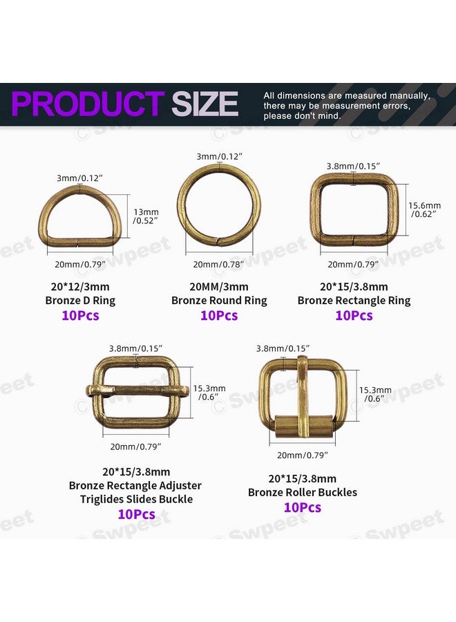 Swpeet Swpeet 50Pcs 5 Style Approx 1 Inch Bronze Belt Buckle Metal Buckles Assortment Kit, Include Metal Roller Buckles, Metal Adjustable Slide Buckles, D Ring, Circular Ring, Square Ring for Purse Bag  - Image 2