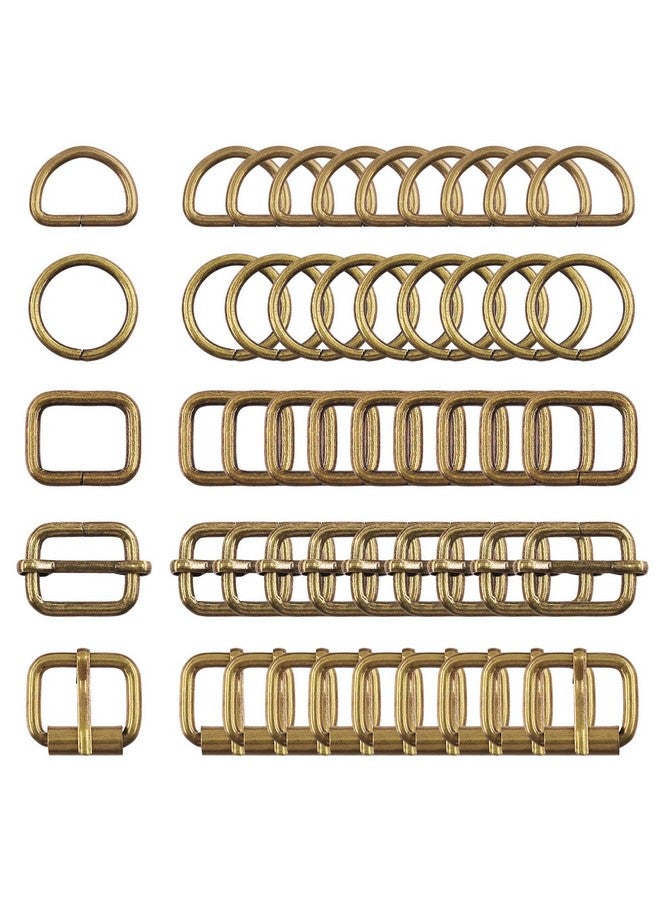 Swpeet Swpeet 50Pcs 5 Style Approx 1 Inch Bronze Belt Buckle Metal Buckles Assortment Kit, Include Metal Roller Buckles, Metal Adjustable Slide Buckles, D Ring, Circular Ring, Square Ring for Purse Bag  - Image 1