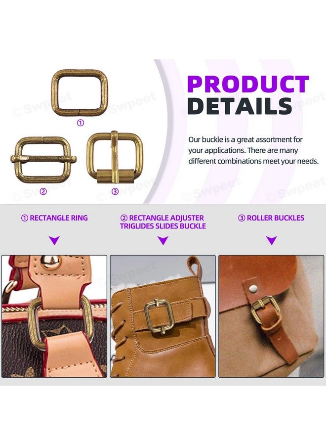 Swpeet Swpeet 50Pcs 5 Style Approx 1 Inch Bronze Belt Buckle Metal Buckles Assortment Kit, Include Metal Roller Buckles, Metal Adjustable Slide Buckles, D Ring, Circular Ring, Square Ring for Purse Bag  - Image 4