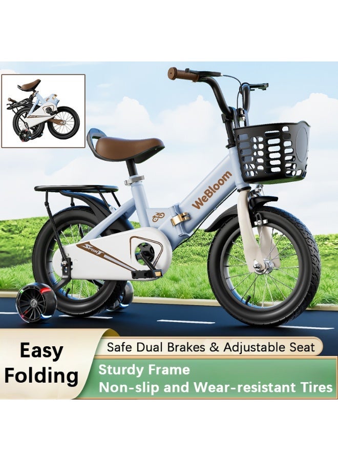 Easy-Store Foldable Kids Bike 12-14 Inch With Flashing Training Wheels+Removable Back Seat, Anti-Shock Tires, Suitable for 2-6 Years Boys and Girls.