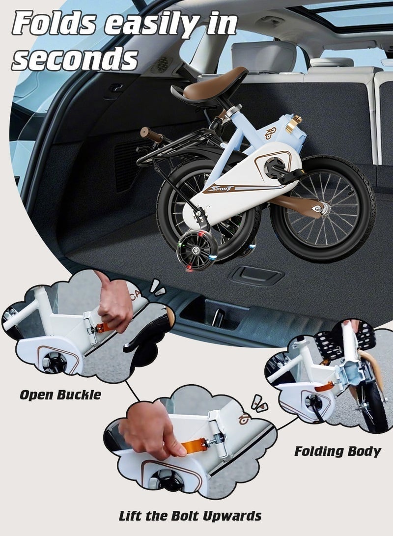 WeBloom Easy-Store Foldable Kids Bike 12-14 Inch With Flashing Training Wheels+Removable Back Seat, Anti-Shock Tires, Suitable for 2-6 Years Boys and Girls. - Image 3