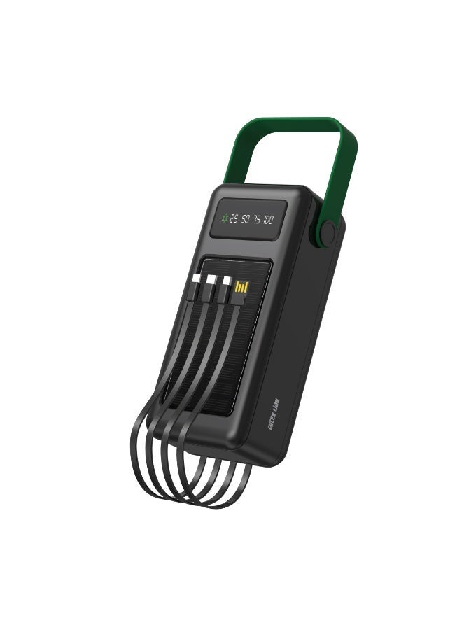 جرين ليون باور بانك شمسي 50000 مللي أمبير، كابلات مدمجة، عرض دائم، 4 منافذ USB-A، شاحن محمول شمسي، USB-C، لايتنينغ، مايكرو، كابل USB، بطارية بوليمر - Image 1