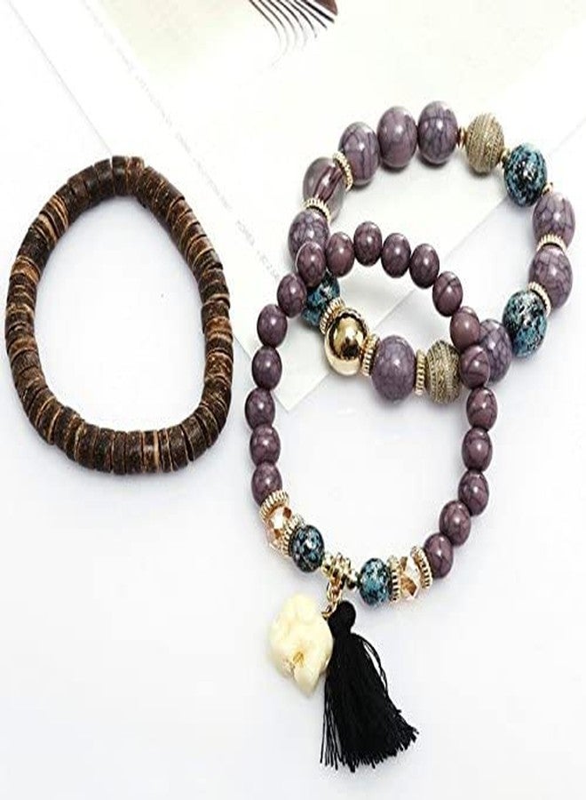 Pingyongchang Elephant Bead Stretch Bracelet Boho Multilayer Adjustable Wooden Bead Tassel Womens Strand Bracelet Bangle Charm Jewelry Set Best Friend Gift (black) - Image 3