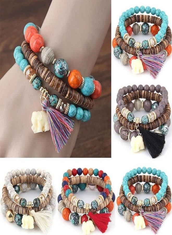 Pingyongchang Elephant Bead Stretch Bracelet Boho Multilayer Adjustable Wooden Bead Tassel Womens Strand Bracelet Bangle Charm Jewelry Set Best Friend Gift (black) - Image 4