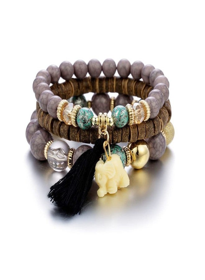 Pingyongchang Elephant Bead Stretch Bracelet Boho Multilayer Adjustable Wooden Bead Tassel Womens Strand Bracelet Bangle Charm Jewelry Set Best Friend Gift (black) - Image 1