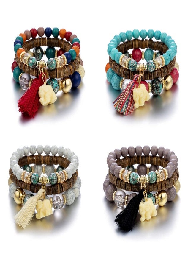 Pingyongchang Elephant Bead Stretch Bracelet Boho Multilayer Adjustable Wooden Bead Tassel Womens Strand Bracelet Bangle Charm Jewelry Set Best Friend Gift (black) - Image 5