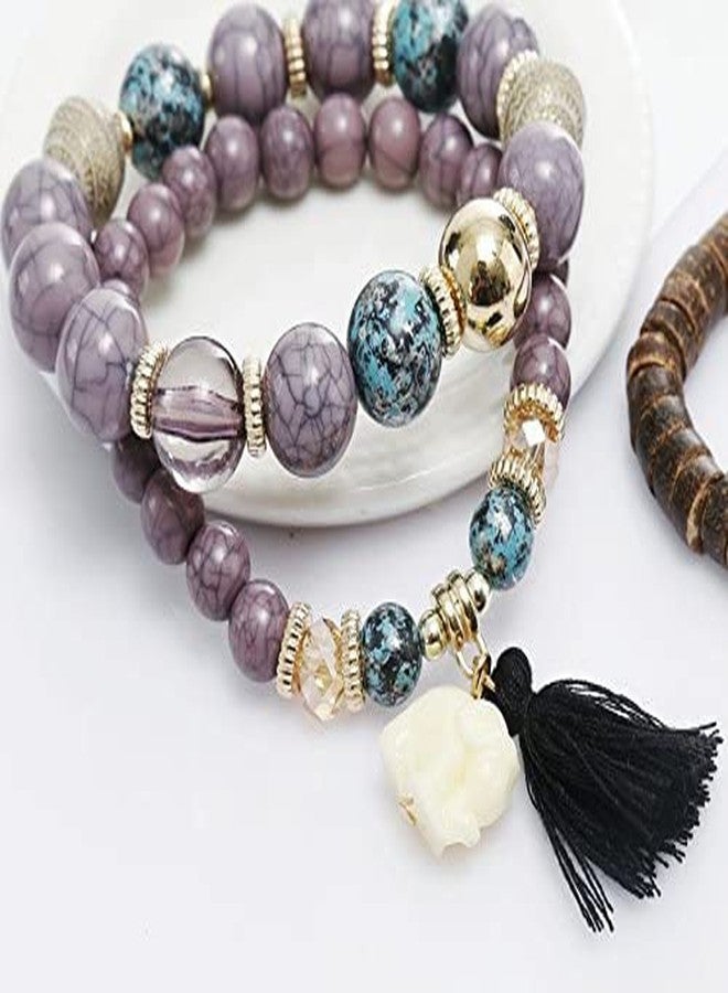 Pingyongchang Elephant Bead Stretch Bracelet Boho Multilayer Adjustable Wooden Bead Tassel Womens Strand Bracelet Bangle Charm Jewelry Set Best Friend Gift (black) - Image 2