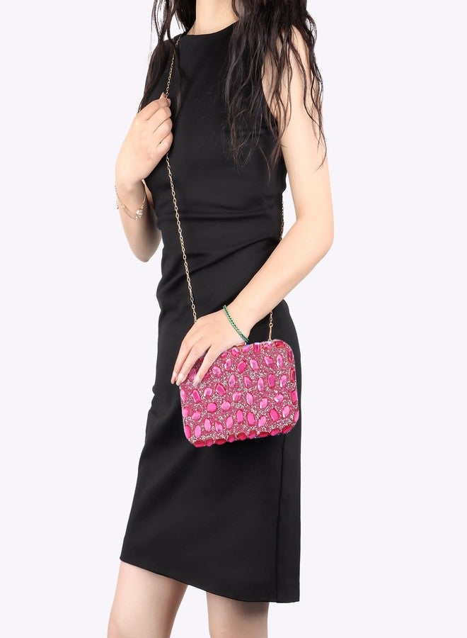 Fecialy Clutch Purses For Women Crystal Evening Bag Gemstone Handbag Formal Rhinestone Purse For Wedding Party，Rose - Image 2