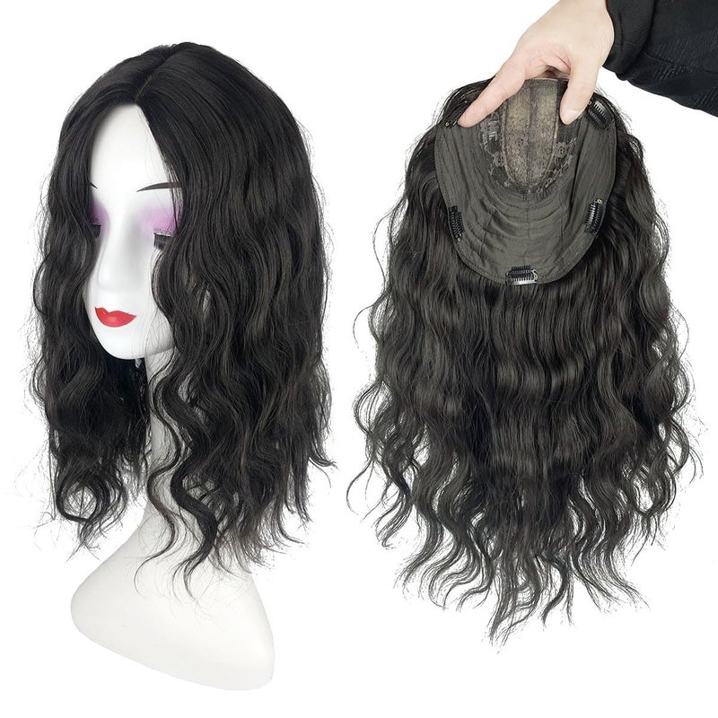 Cloud Wavy Full Head Wear Topper 18x18cm Middle Part Synthetic Head Top Replacement Wig Free Part Clip in Thick Hairpiece 45cm Off Black