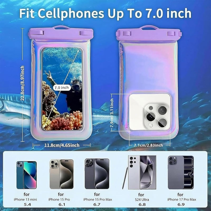Foweroty Floatable Waterproof Phone Pouch Case for iPhone 16 Pro Max/15/14/13/12, IP68 Travel Cellphone Dry Bag Beach Cruise Ship Essentials Bags with Crossbody Lanyard, Iridescent Purple-7″ - Image 3
