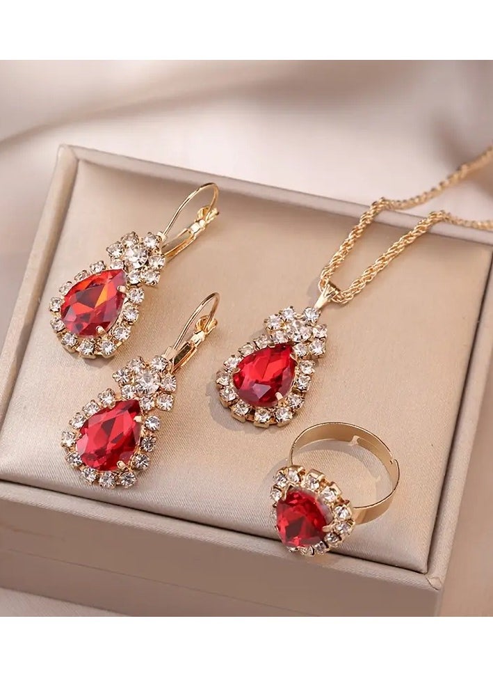 Home Clearance Sale Elegant Red Rhinestone Tear Drop Jewelry Set: Dangle Earrings, Pendant Necklace, and Ring - Perfect for Formal Events and Gift Giving  - Image 1