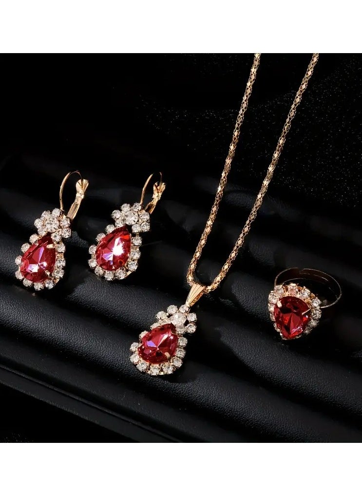 Home Clearance Sale Elegant Red Rhinestone Tear Drop Jewelry Set: Dangle Earrings, Pendant Necklace, and Ring - Perfect for Formal Events and Gift Giving  - Image 2