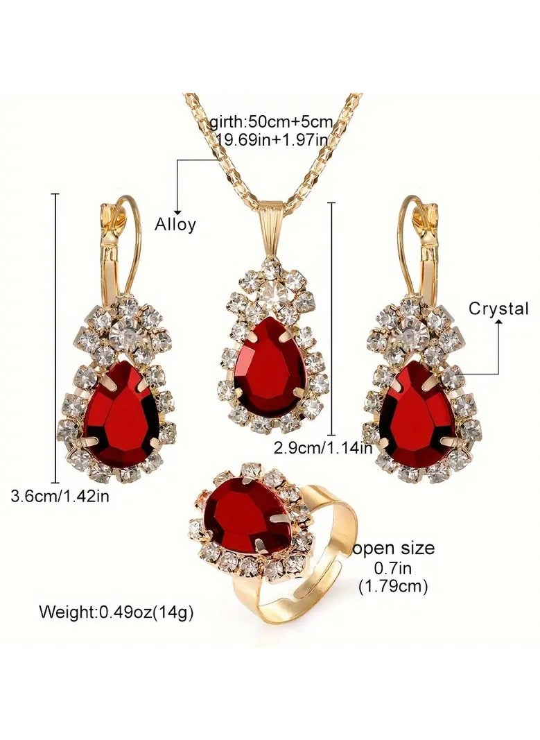 Home Clearance Sale Elegant Red Rhinestone Tear Drop Jewelry Set: Dangle Earrings, Pendant Necklace, and Ring - Perfect for Formal Events and Gift Giving  - Image 3