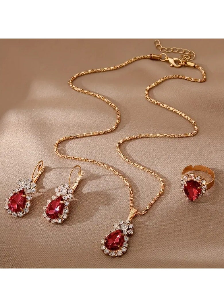 Home Clearance Sale Elegant Red Rhinestone Tear Drop Jewelry Set: Dangle Earrings, Pendant Necklace, and Ring - Perfect for Formal Events and Gift Giving  - Image 4