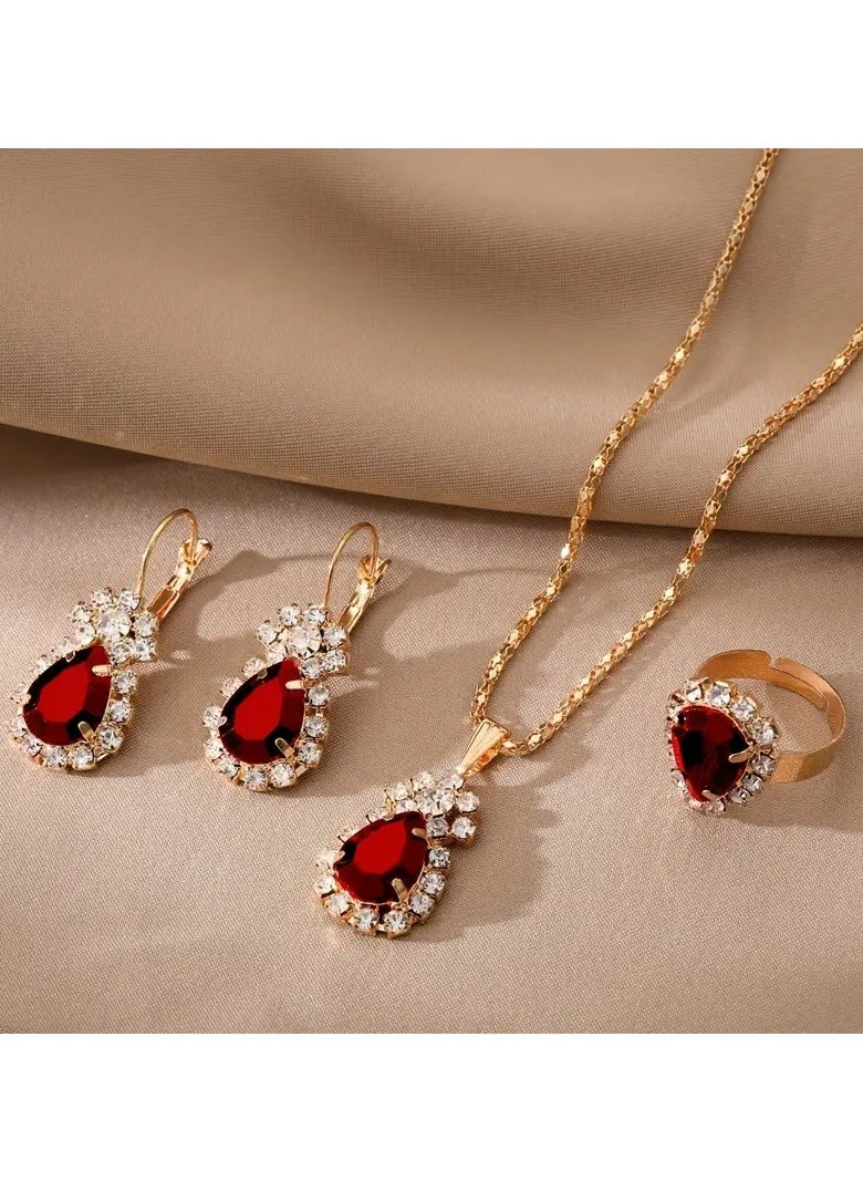 Home Clearance Sale Elegant Red Rhinestone Tear Drop Jewelry Set: Dangle Earrings, Pendant Necklace, and Ring - Perfect for Formal Events and Gift Giving  - Image 5