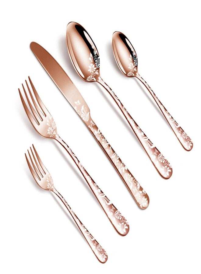 20PCS Stainless Steel Silverware Set Mirror-Polished Cutlery Flatware Set 4 Knives 4 Forks 4 Spoons 4 Tea Forks 4 Teaspoons with Beautiful Flower Pattern for Kitchen Restaurant Party - Image 5
