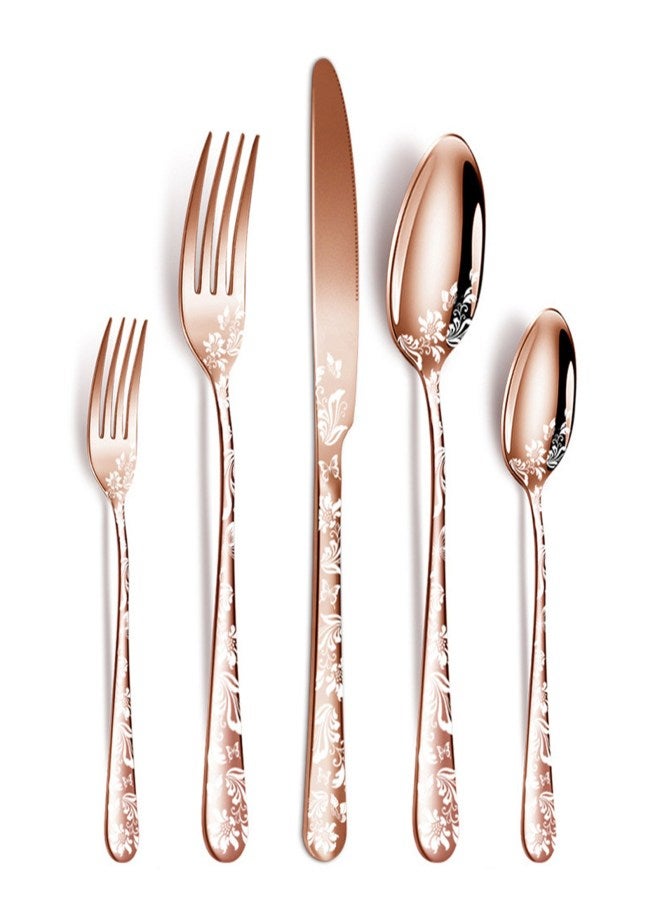 20PCS Stainless Steel Silverware Set Mirror-Polished Cutlery Flatware Set 4 Knives 4 Forks 4 Spoons 4 Tea Forks 4 Teaspoons with Beautiful Flower Pattern for Kitchen Restaurant Party - Image 2