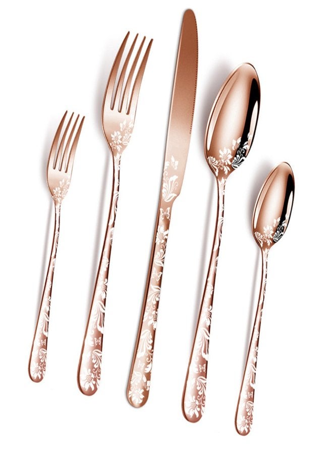 20PCS Stainless Steel Silverware Set Mirror-Polished Cutlery Flatware Set 4 Knives 4 Forks 4 Spoons 4 Tea Forks 4 Teaspoons with Beautiful Flower Pattern for Kitchen Restaurant Party - Image 3
