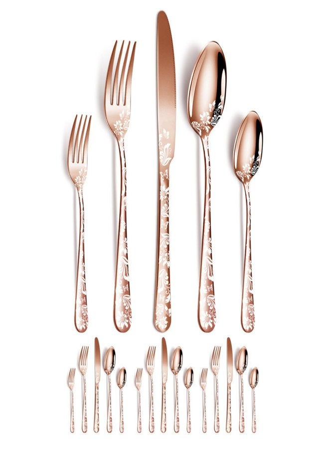 20PCS Stainless Steel Silverware Set Mirror-Polished Cutlery Flatware Set 4 Knives 4 Forks 4 Spoons 4 Tea Forks 4 Teaspoons with Beautiful Flower Pattern for Kitchen Restaurant Party - Image 1
