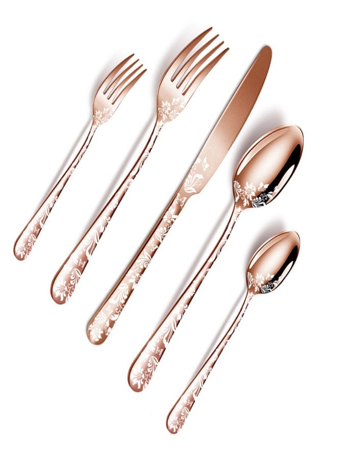 20PCS Stainless Steel Silverware Set Mirror-Polished Cutlery Flatware Set 4 Knives 4 Forks 4 Spoons 4 Tea Forks 4 Teaspoons with Beautiful Flower Pattern for Kitchen Restaurant Party - Image 4