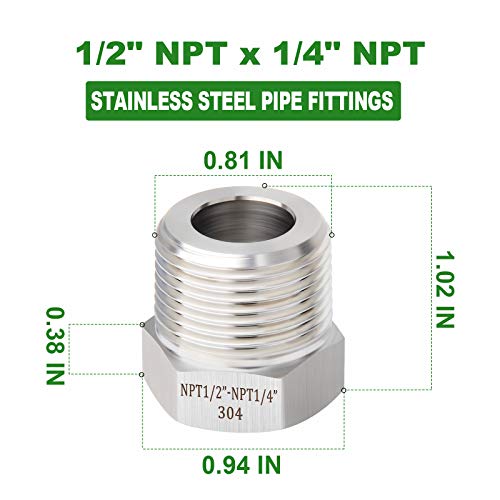 TAISHER 5PCS Forging of 304 Stainless Steel Reducer Hex Bushing, 1/2" Male NPT to 1/4" Female NPT, Reducing Forging Pipe Adapter Fitting - Image 4