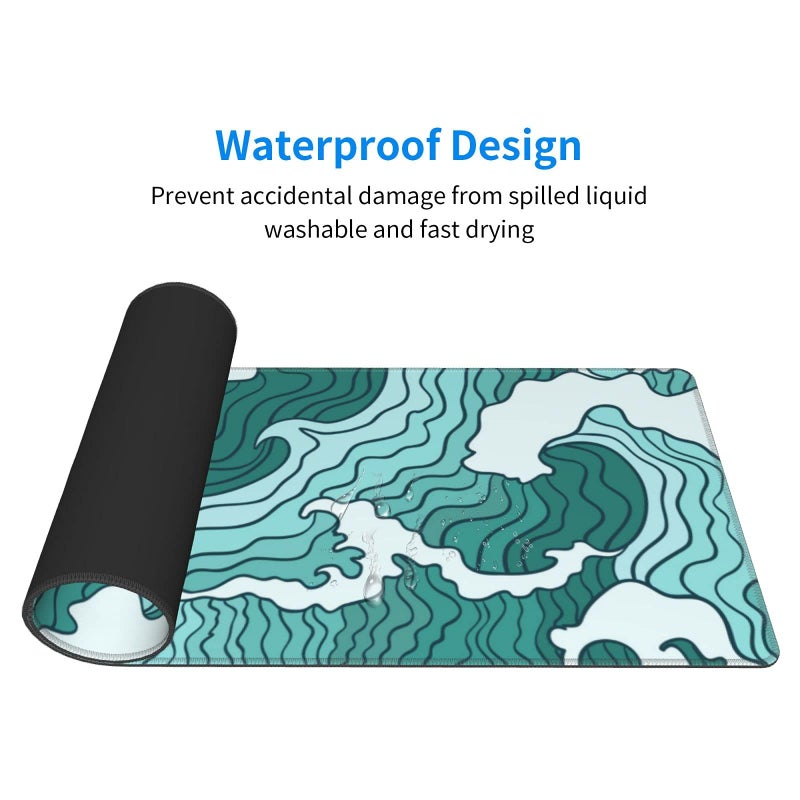 MOLIAN Japanese Green and White Wave Gaming Mouse Pad XL, Non Slip Rubber Base Mousepad, Stitched Edges Desk Pad, Extended Large Mice Pad,31.5 X 11.8 Inch - Image 4