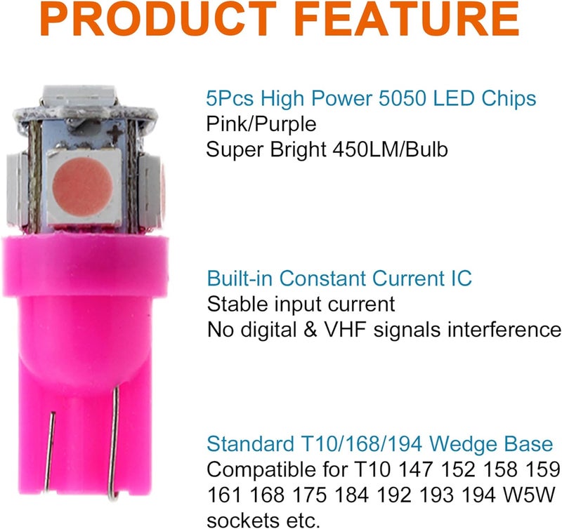 GLOFE T10 194 168 Dash Instrument Pink/Purple LED Light Bulbs - 10Pcs Set - Image 2