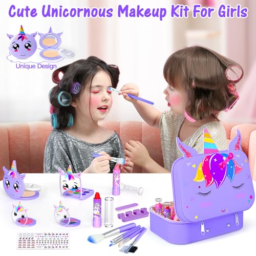 Mqsiuve Kids Makeup Kit for Girl 2 in 1 Kids Washable Makeup Toys Nail Art Kit with Nail Dryer and Storage Case Real Girl Makeup Set Birthday Gifts Toys for 3 12 Year Old Girls Purple - Image 5