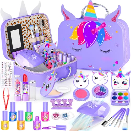 Mqsiuve Kids Makeup Kit for Girl 2 in 1 Kids Washable Makeup Toys Nail Art Kit with Nail Dryer and Storage Case Real Girl Makeup Set Birthday Gifts Toys for 3 12 Year Old Girls Purple - Image 1