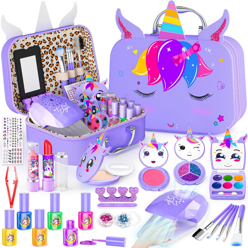Mqsiuve Kids Makeup Kit for Girl 2 in 1 Kids Washable Makeup Toys Nail Art Kit with Nail Dryer and Storage Case Real Girl Makeup Set Birthday Gifts Toys for 3 12 Year Old Girls Purple - Image 3