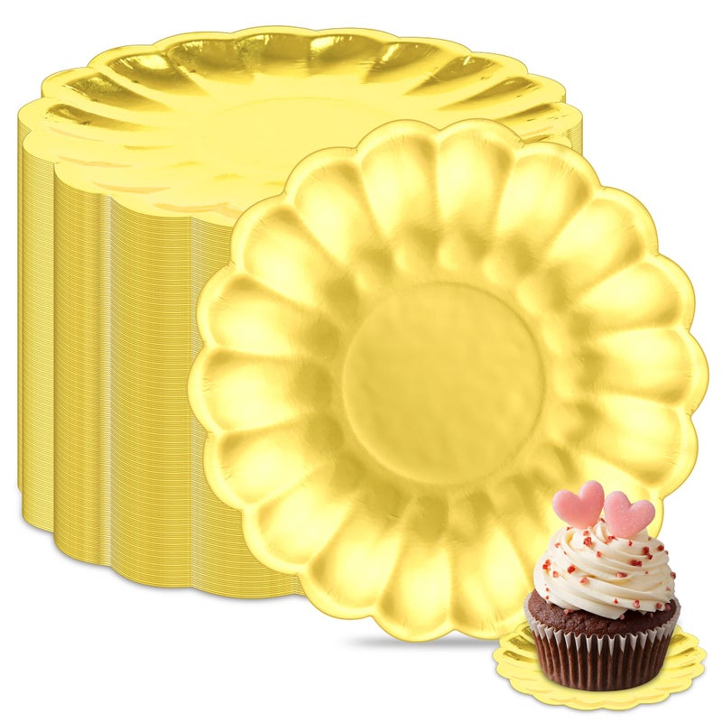 ZUQMZUQ 120 Pcs Mini Cupcake Plates Gold Dessert Plates 3.5 Inch Scalloped Edge Mini Paper Baking Dessert Dish for Baking Party Wedding Baby Shower Birthday Party - Image 1