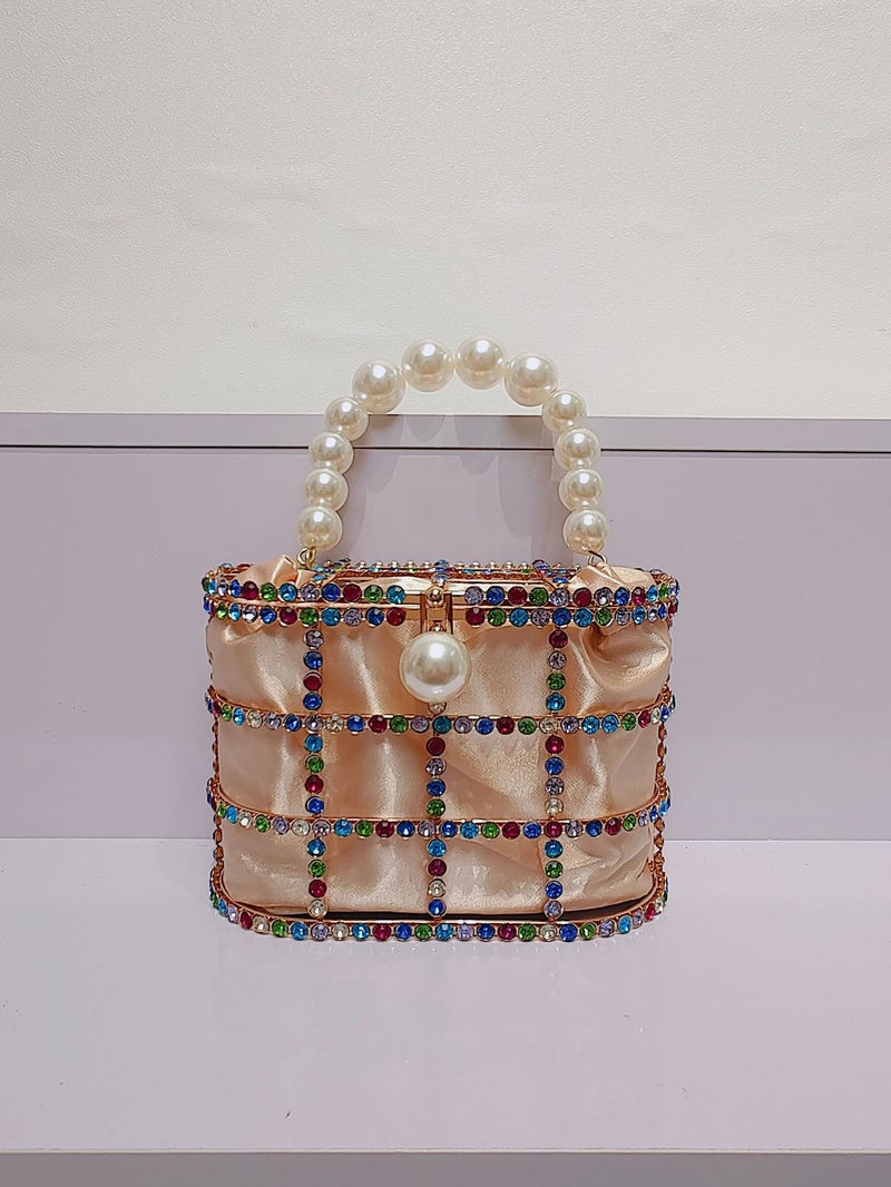 Women'S Gold Handbag With Embellished Pearl Portable Color Crystal Small Size Women'S Portable Banquet Bird Cage Bag - Image 2