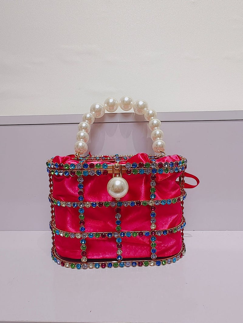 Women'S Gold Handbag With Embellished Pearl Portable Color Crystal Small Size Women'S Portable Banquet Bird Cage Bag - Image 5