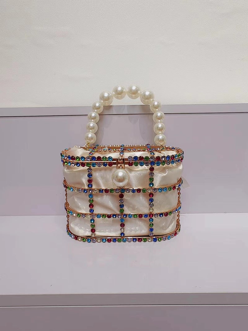 Women'S Gold Handbag With Embellished Pearl Portable Color Crystal Small Size Women'S Portable Banquet Bird Cage Bag - Image 1