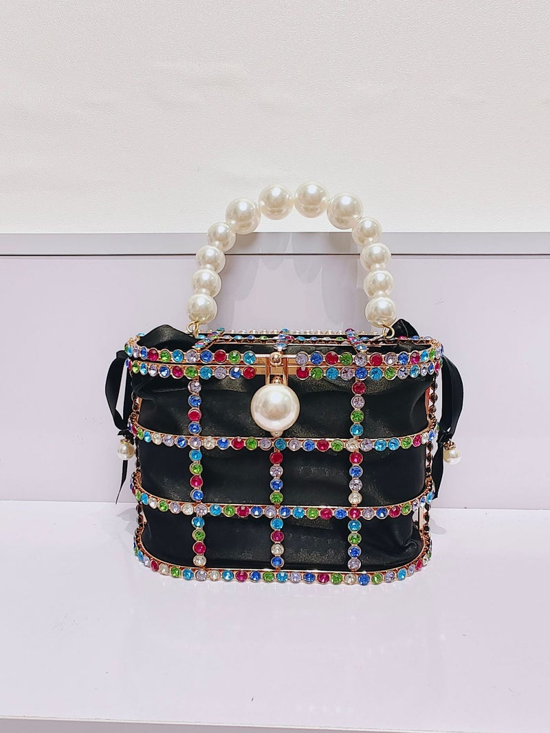 Women'S Gold Handbag With Embellished Pearl Portable Color Crystal Small Size Women'S Portable Banquet Bird Cage Bag - Image 4