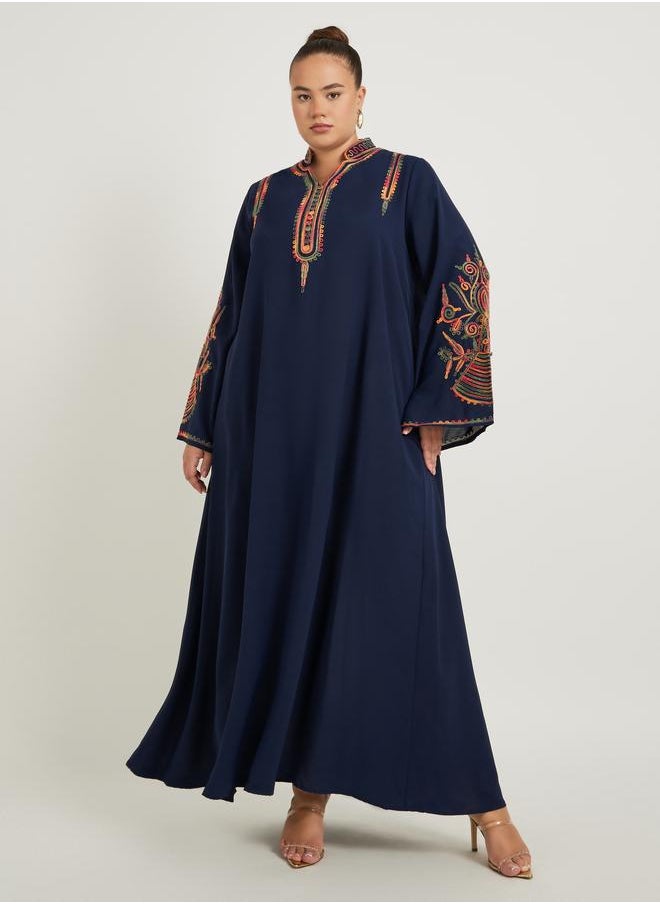 Styli Plus Size Embroidered Stand Collar A-Line Jalabiya