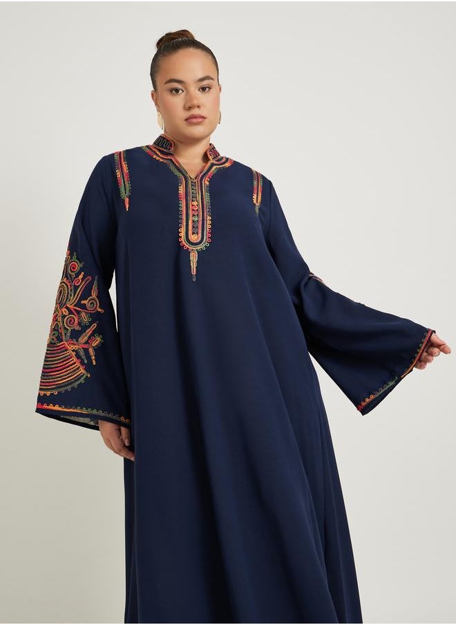 Styli Plus Size Embroidered Stand Collar A-Line Jalabiya